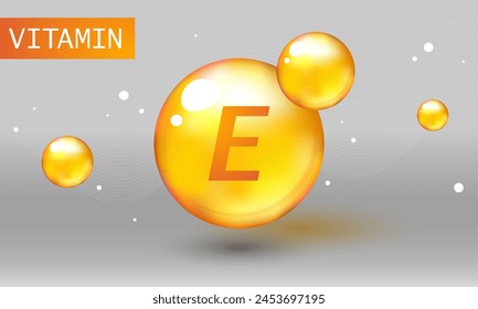Vitamin gold shining pill capsule icon. Nutrition sign vector concept. The power of vitamin E. Chemical formula. Tocopherols, tocotrienols. Shining golden substance drop. Meds for heath ads