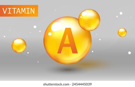 Vitamin gold shining pill capsule icon. Vitamin A. Retinol Retinol, retinal, beta carotene. Shining golden substance drop. Meds for heath ads