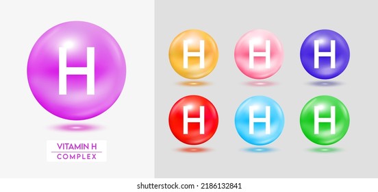 Vitamin-H-Komplex. Eine Reihe von bunten Kugeln Multivitamins Kapseln Mineralien einzeln auf grauem Hintergrund. Diätetische Zuschläge für Apothekenwerbung, Paketdesign. Vektor EPS10.