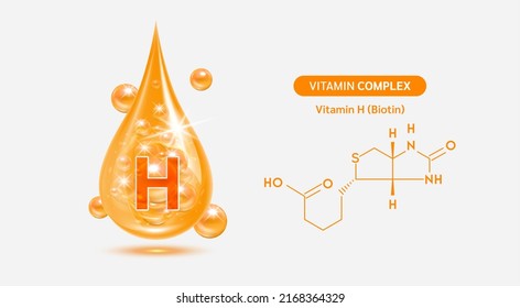 Vitamin H drop and structure isolated on white background. Vitamin solution complex orange balls with bubbles. Beauty treatment nutrition skin care design. Medical scientific concepts. 3D vector.
