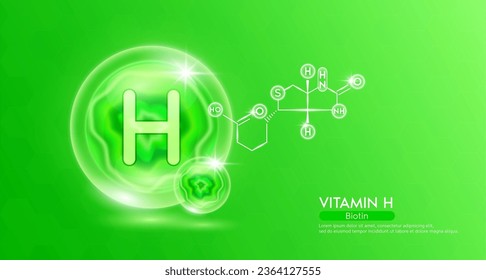 Vitamin H essential supplement to the health body. Green vitamins complex and chemical formula structure. Minerals collagen serum. Beauty nutrition skin care design or cosmetic. 3D vector.