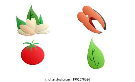 Vitamin H foods vector flat icons set with nuts, milk, vegetable