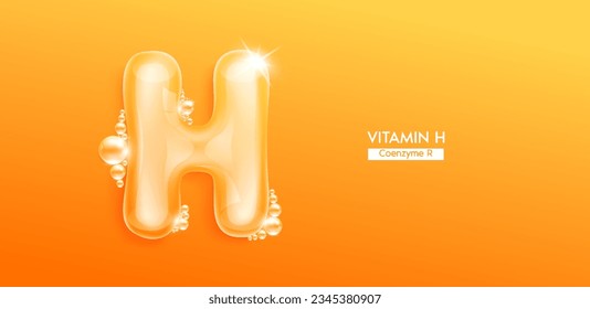 Vitamin H in form water character letter bubble collagen serum. Font type uppercase orange. Solution vitamins complex skin care for cosmetics ads design. Medical concepts beauty nutrition. 3D Vector.