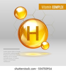 Vitamin H gold shining pill capcule icon . Vitamin complex with Chemical formula, Biotin. Shining golden substance drop. Meds for heath ads. Vector illustration