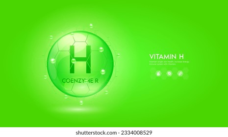 Vitamin H green solution. Innovation repair maintain bright skin care anti aging. Vitamins complex and collagen serum. For medical beauty treatment nutrition cosmetic design. Vector.