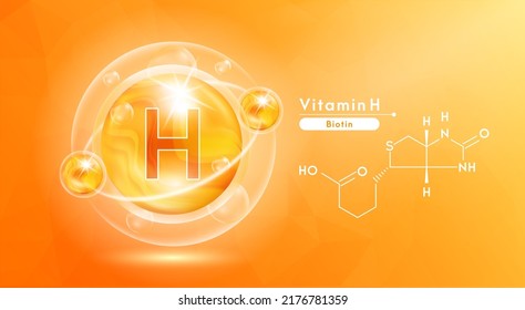 Vitamin H orange and structure. Pill vitamins complex and bubble collagen serum chemical formula. Beauty treatment nutrition skin care design. Medical and scientific concepts. 3D Vector EPS10.