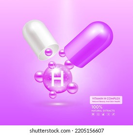 Vitamin H purple capsule. Treatment with vitamins complex collagen skincare beauty. Health supplement anti aging. Cosmetic beauty product design. 3D Realistic on pink background. Vector EPS10.
