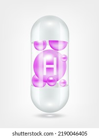 Vitamin H purple inside capsule pill transparent white. Health care beauty enhancement neutralize free radicals. Used for nutrition products food template design. 3D Realistic Vector EPS10.