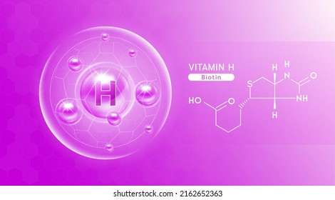 Vitamin H purple and structure. Vitamin solution complex with Chemical formula from nature. Beauty treatment nutrition skin care design. Medical and scientific concepts. Banner 3D vector EPS10.