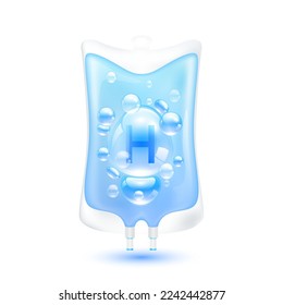 Vitamin H serum bubbles collagen blue inside plastic saline bag. IV drip vitamins minerals beauty skincare intravenous. Medical concept. Isolated realistic on white background 3D vector.