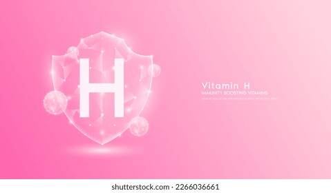 Vitamin H shield polygonal translucent pink. Immunity boosting vitamins. Medical innovation protect your body healthy. Shield low poly triangle modern futuristic protection. Banner vector.