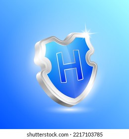 Vitamin H shield protected guard isolated on blue background. Protect the body stay healthy. For nutrition products food and meds for heath flu. Medical concepts. 3D Vector illustration.