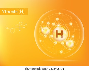 Vitamin H shining pill capsule icon . Vitamin with Chemical formula. Shining golden substance drop. Beauty treatment nutrition skin care design. Vector EPS 10