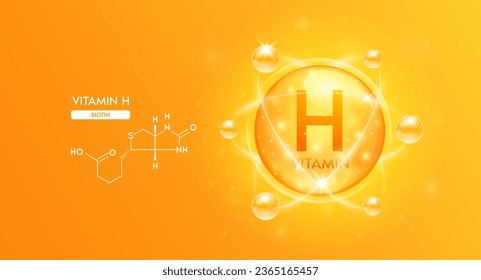 Vitamin H with structure chemical formula. Bubble collagen serum orange and Vitamins complex for cosmetics design. Medical concepts. Beauty treatment nutrition skincare. 3D Vector.