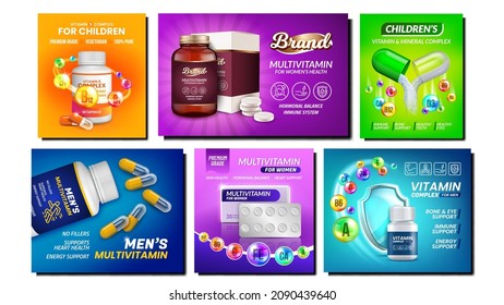 Conjunto de carteles de suplementos de vitamina. Medicina alimenticia saludable. Píldora nutritiva. Cápsula de vitamina B, C, D, E. Complejo médico orgánico. vector conjunto de afiches Ilustración