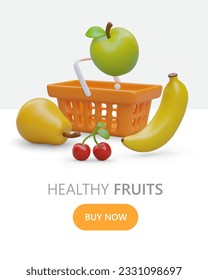 Vitamin healthy fruits and berries. Time to buy natural food. Orange shopping cart. 3D vector apple, banana, pear, cherry. Cute vertical online store poster