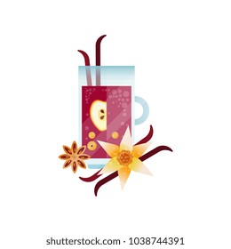 Vitamin healthy herbal tea, spicy drink with apple, vanilla and anise in transparent cup vector Illustration on a white background