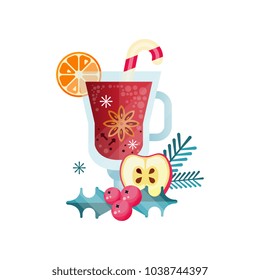 Vitamin healthy herbal tea, spicy drink with orange, apple, cranberry and rosemary in transparent mug vector Illustration on a white background