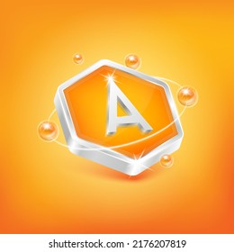 Vitamin A in hexagon shape and orange atom. Used for nutrition products food. Medical scientific concepts. Isolated 3D Vector EPS10 illustration.