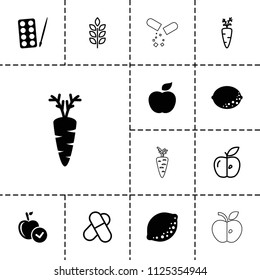 Vitamin icon. collection of 13 vitamin filled and outline icons such as paints, apple, carrot, wheat, pill, carrot on fork, lemon. editable vitamin icons for web and mobile.