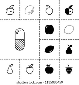 Vitamin icon. collection of 13 vitamin filled and outline icons such as peach, lemon, apple, pear, raspberry. editable vitamin icons for web and mobile.