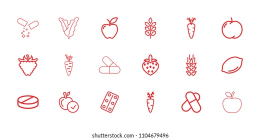 Vitamin icon. collection of 18 vitamin outline icons such as wheat, apple, lemon, pill, carrot on fork, raspberry, carrot. editable vitamin icons for web and mobile.