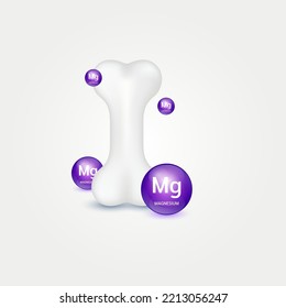 Vitamin Icon minerals Magnesium (Mg) circle ball purple on white background help strengthen bone. Healthy knee bone human bone anatomy. Skeleton x ray scan concept therapy. Medical or healthcare.