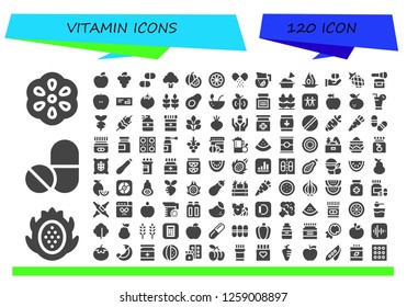  vitamin icon set. 120 filled vitamin icons. Simple modern icons about  - Berry, Dragon fruit, Pills, Apple, Grapes, Broccoli, Watermelon, Mangosteen, Medicine, Lemonade, Guacamole
