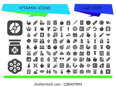  vitamin icon set. 120 filled vitamin icons. Simple modern icons about  - Apple, Berry, Medicine, Coconut, Carrot, Plum, Drug, Vegetables, Pills, Pill, Watermelon, Vial, Juice