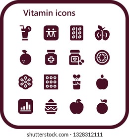 vitamin icon set. 16 filled vitamin icons.  Collection Of - Juice, Apple, Pill, Orange, Drugs, Pills, Kiwi, Berry, Effervescent, Powder