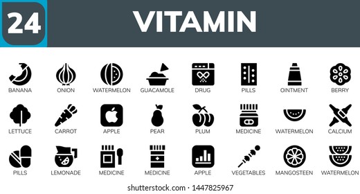 vitamin icon set. 24 filled vitamin icons.  Simple modern icons about  - Banana, Onion, Watermelon, Guacamole, Drug, Pills, Ointment, Berry, Lettuce, Carrot, Apple, Pear, Plum