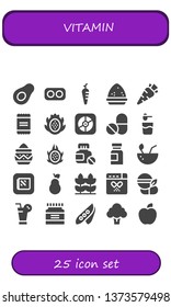 vitamin icon set. 25 filled vitamin icons.  Simple modern icons about  - Avocado, Drugs, Carrot, Powder, Dragon fruit, Apple, Pills, Medicine, Coconut, Pear, Wheat, Drug, Juice