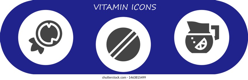 vitamin icon set. 3 filled vitamin icons.  Collection Of - Coconut, Pill, Lemonade