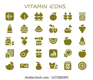  vitamin icon set. 30 filled vitamin icons. Simple modern icons about  - Apple, Lettuce, Wheat, Orange, Medicine, Ointment, Powder, Watermelon, Plum, Guacamole, Grapes, Pills