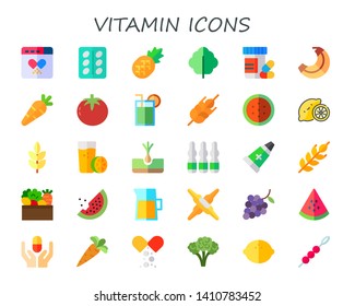 vitamin icon set. 30 flat vitamin icons.  Simple modern icons about  - drug, pill, pineapple, lettuce, vitamins, banana, carrot, tomato, juice, wheat, watermelon, lemon, orange juice