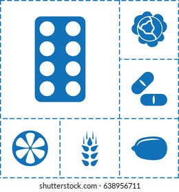 Vitamin icon. set of 6 vitamin filled icons such as wheat, cabbage, lemon, pill