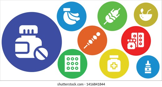 vitamin icon set. 9 filled vitamin icons.  Simple modern icons about  - Pills, Bananas, Wheat, Drugs, Vegetables, Medicine, Coconut