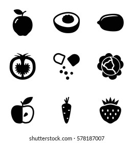 vitamin icon. Set of 9 vitamin filled icons such as carrot, apple, cabbage, Lemon, strawberry, tomato, pill