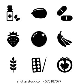 vitamin icon. Set of 9 vitamin filled icons such as wheat, strawberry, orange, paints, Lemon, pill, tomato, medicine bottle