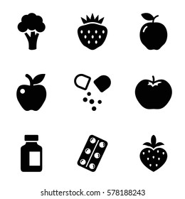 vitamin icon. Set of 9 vitamin filled icons such as apple, cauliflower, strawberry, medical bottle, medical pills
