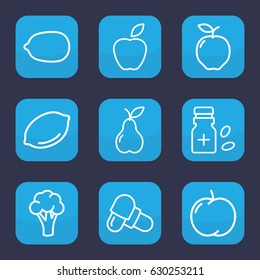 Vitamin icon. set of 9 outline vitamin icons such as apple, cauliflower, lemon, lemon, pear, pill