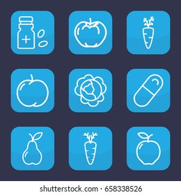 Vitamin icon. set of 9 outline vitamin icons such as apple, cabbage, pear, carrot, medicine bottle, pill