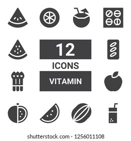 vitamin icon set. Collection of 12 filled vitamin icons included Juice, Watermelon, Tomato, Apple, Asparagus, Pills, Tomato slice, Coconut