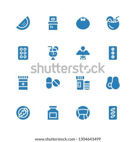 vitamin icon set. Collection of 16 filled vitamin icons included Pills, Medicine, Drug, Carrot, Avocado, Vitamins, Pill, Juice, Coconut, Tomato, Watermelon