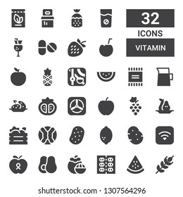 vitamin icon set. Collection of 32 filled vitamin icons included Wheat, Watermelon, Pills, Mangosteen, Avocado, Apple, Potato, Lemon, Cabbage, Fruit box, Pear, Grapes, Tomato