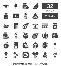 vitamin icon set. Collection of 32 filled vitamin icons included Tomato, Remedy, Medicine, Apple, Pills, Leek, Pineapple, Watermelon, Pomegranate, Mangosteen, Apricot, Avocado