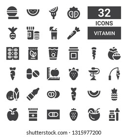 vitamin icon set. Collection of 32 filled vitamin icons included Medicine, Coconut, Strawberry, Pill, Apple, Pineapple, Melon, Carrot, Tomato, Vials, Pills, Mangosteen, Lemonade