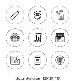 Vitamin icon set. collection of 9 outline vitamin icons with coconut, chow mein, courgette, drugs, medicine, powder, slice, xiao long bao icons. editable icons.