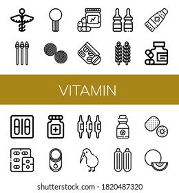 vitamin icon set. Collection of Medicine, Asparagus, Celery, Liquorice, Vitamins, Brussels sprouts, Ointment, Blister pack, Pills, Tomato, Calcium, Kiwi, Zucchini, Melon icons