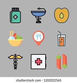 vitamin icon set. vector set about chilli, peach, juice and food icons set.